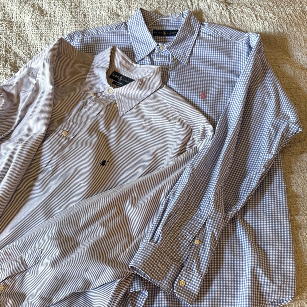 Pair of Polo Ralph Lauren Men's Blue Checkered and Pinstriped Buttoned Shirts XL
